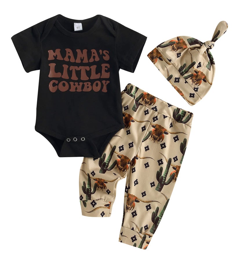 SAYOO Western Newborn Baby Boys Cowboy Outfits Cow Print Letter Bodysuit+Long Leggings+Cap 3pcs Infant Boy Country Clothes - Image 1
