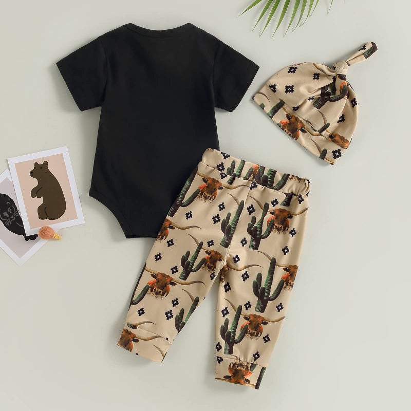 SAYOO Western Newborn Baby Boys Cowboy Outfits Cow Print Letter Bodysuit+Long Leggings+Cap 3pcs Infant Boy Country Clothes - Image 2