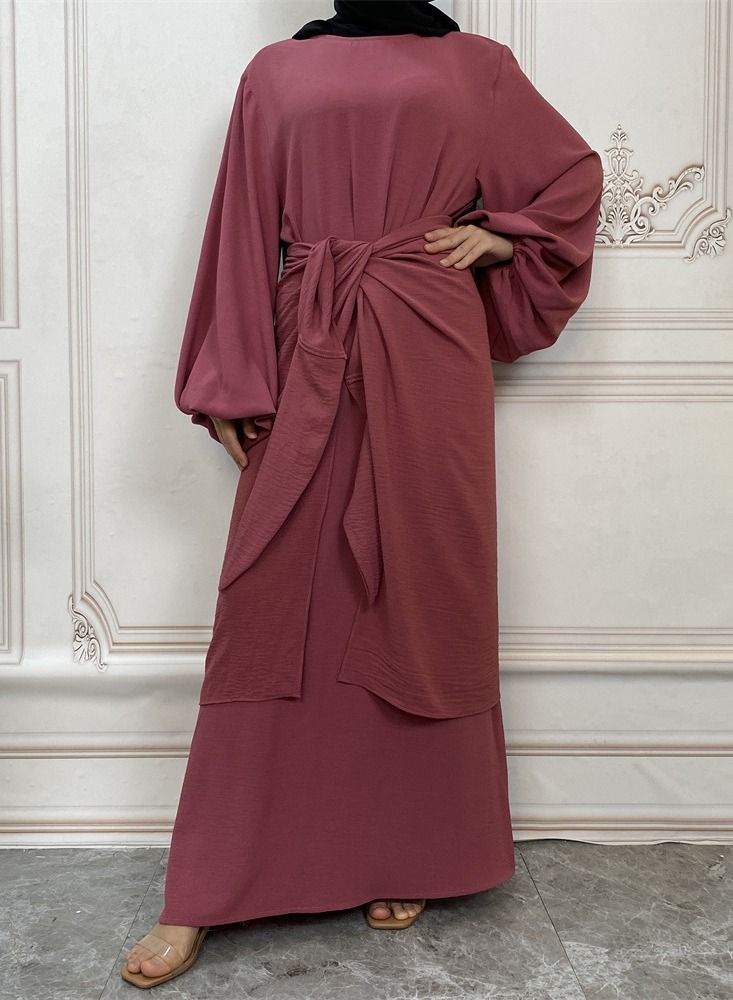 Loquat Women's Solid Long Sleeve Dress With Wrap Abaya  - Image 1