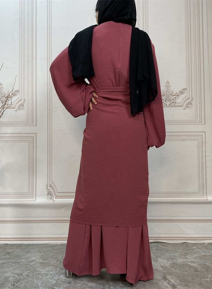 Loquat Women's Solid Long Sleeve Dress With Wrap Abaya  - Image 3
