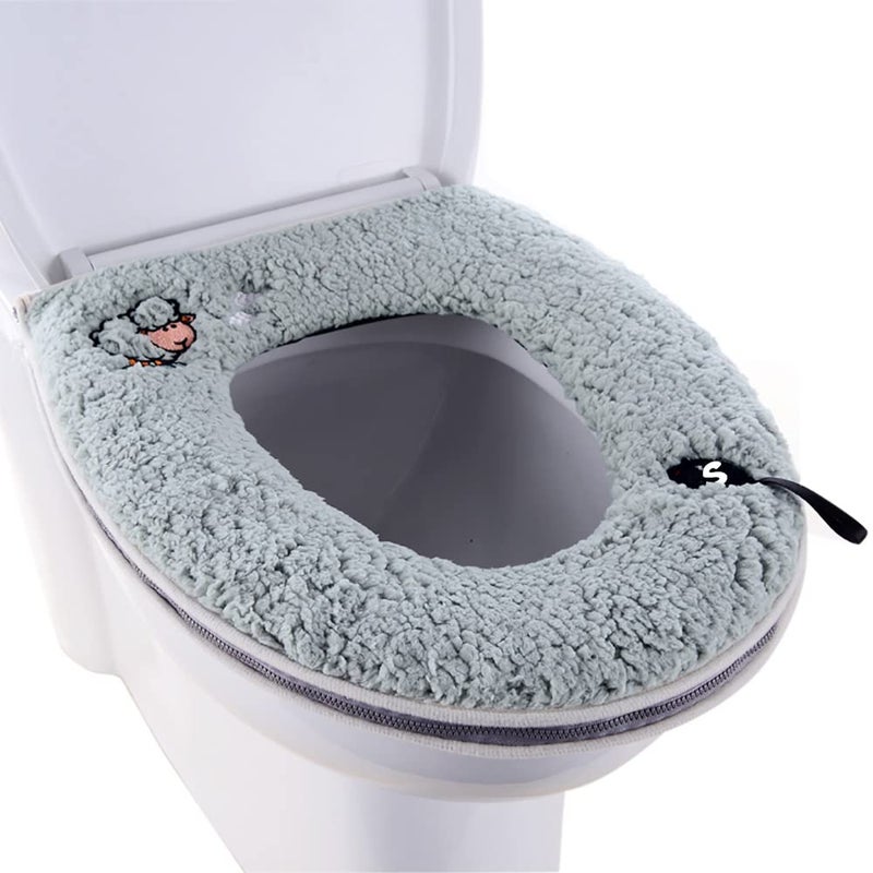 Warm Plush Washable Thicken Toilet Seat Cover Pads Mat with Handle and Zipper Gray