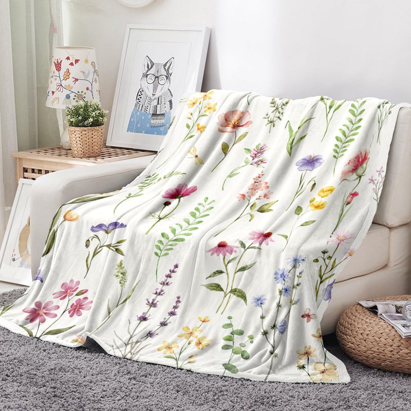 Tupmnbry Wildflowers Throw Blanket Botanical Floral Printed Blanket Super Soft Flannel Throw Blanket Lightweight Fluffy Plush Fuzzy Bed Blanket for Bedding Sofa and Travel 60X80