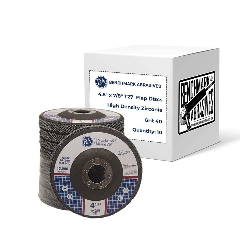 Benchmark Abrasives أقراص فلاب من زيركونيا عالية الكثافة من بنشمارك أبرسيفز 4.5" × 7/8" نوع 27 - 4 1/2 بوصة لآلة الطحن، أقراص صنفرة، تشطيب - عجلات طحن 4 1/2 بوصة - (10 عبوة) - 40 حبيبة - Image 1