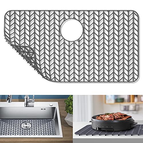 AWOKE Sink Protectors for Kitchen Sink, Kitchen Sink Protector Mat - 28.4"x15.2" Heat-Resistant Silicone Folding Non-Slip Mat for Stainless Steel Sink with Rear Drain (Grey) - Image 1