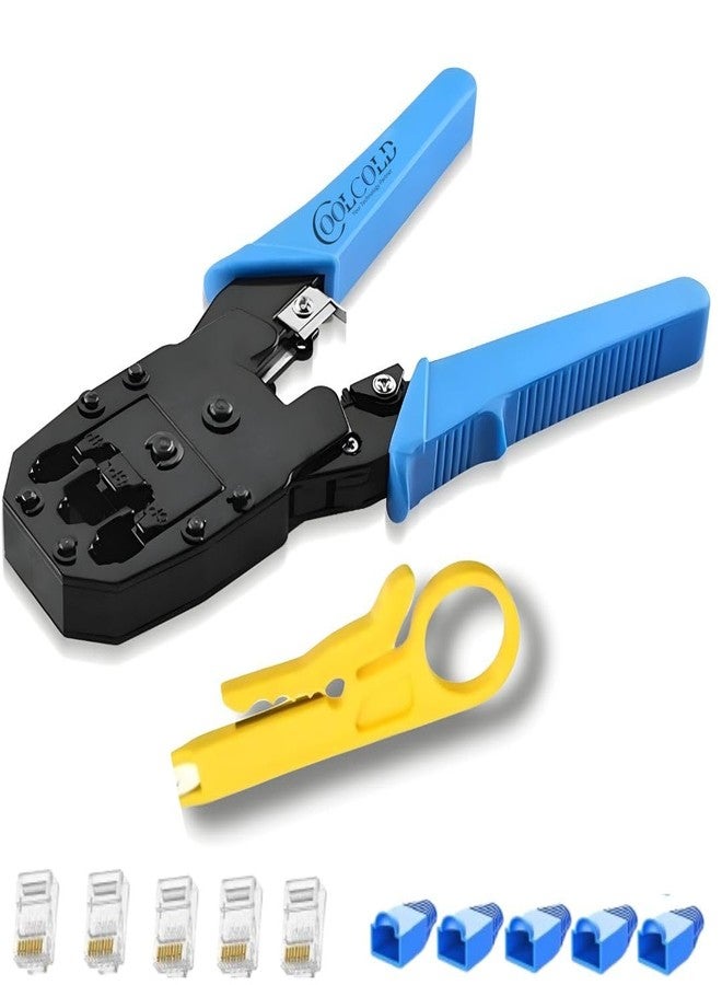 COOLCOLD 3-in-1 RJ45 Crimping Tool Kit - Wire Stripper, Cutter & Crimper for RJ45, RJ11, RJ12, Cat5e/Cat6 LAN Cable with 5 Connectors & 5 Boot Covers - Blue/Green - Image 1