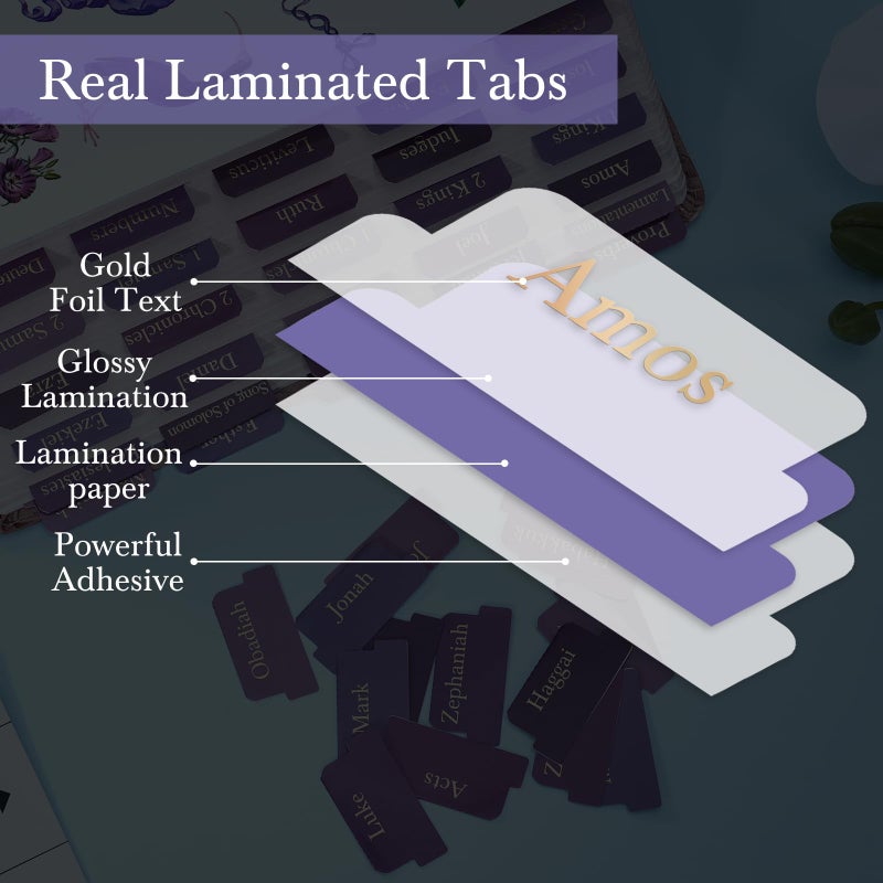 XKDOUS Purple Bible Tabs with Stickers, Laminated Gold Foil Large Print Bible Tabs for Women Men Kids, Bible Study Supplies, Bible Book Tabs and Stickers Designed for Bible (Hyacinth Purple) - Image 2