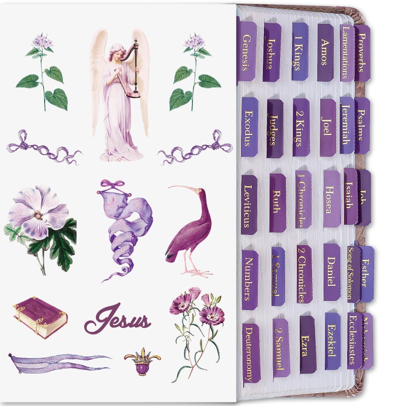 XKDOUS Purple Bible Tabs with Stickers, Laminated Gold Foil Large Print Bible Tabs for Women Men Kids, Bible Study Supplies, Bible Book Tabs and Stickers Designed for Bible (Hyacinth Purple) - Image 1