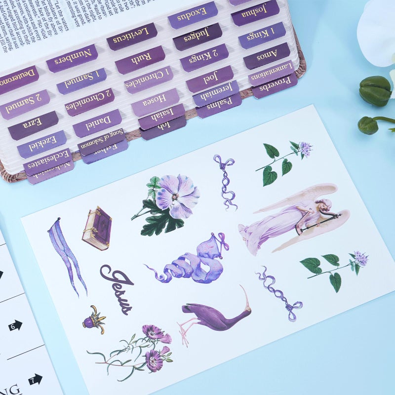 XKDOUS Purple Bible Tabs with Stickers, Laminated Gold Foil Large Print Bible Tabs for Women Men Kids, Bible Study Supplies, Bible Book Tabs and Stickers Designed for Bible (Hyacinth Purple) - Image 3