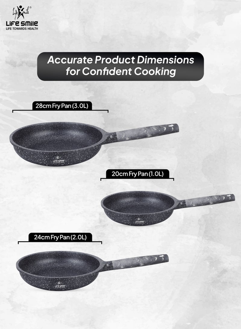 Life Smile Non-Stick Frying Pan Set 3PCS (20cm, 24cm, 28cm) Induction Base | Granite Coating | Even Heat Cooking | Bakelite Handle - Image 2