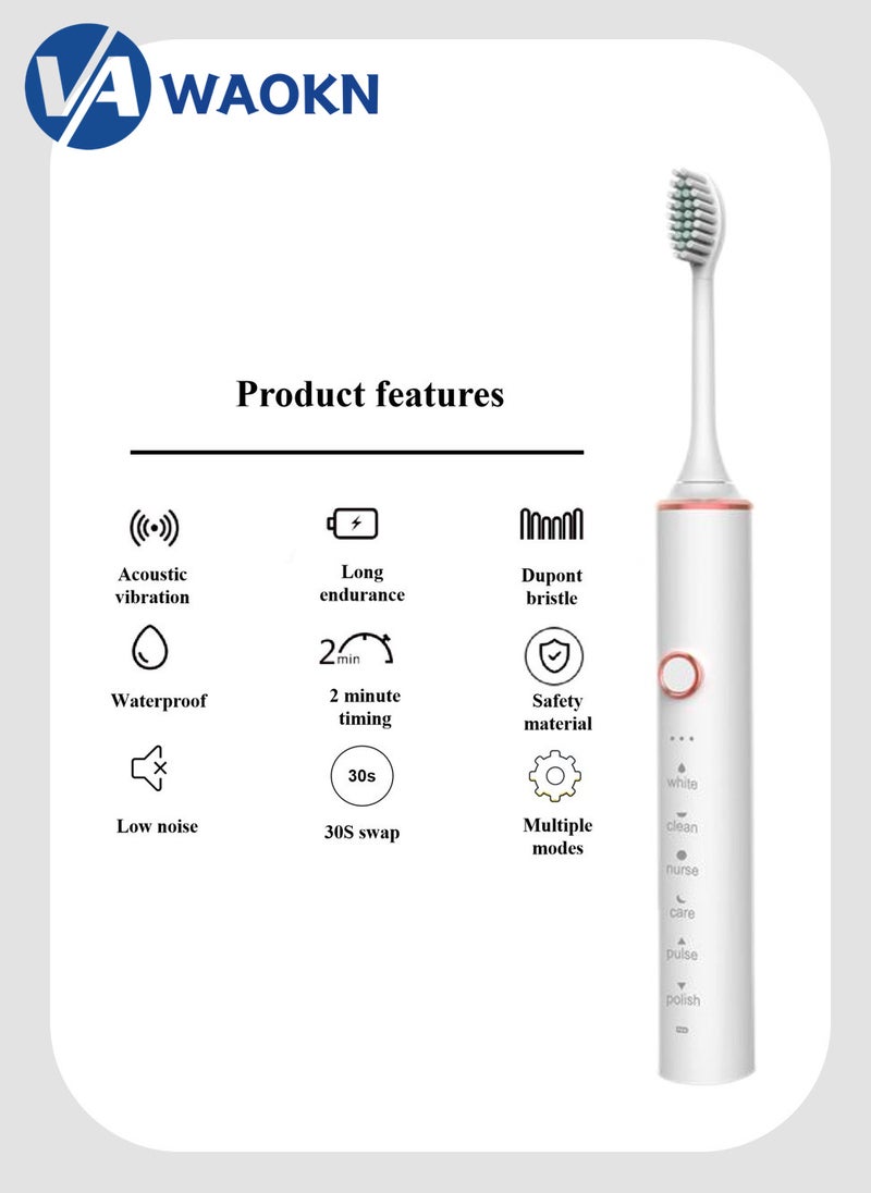 WAOKN Rechargeable Sonic Electric Toothbrush High-frequency Vibration IPX7 Waterproof Power Toothbrush 6 Modes Adjustable and Smart Electric Toothbrush with 4 Detachable Soft-bristle Brush Heads - Image 2