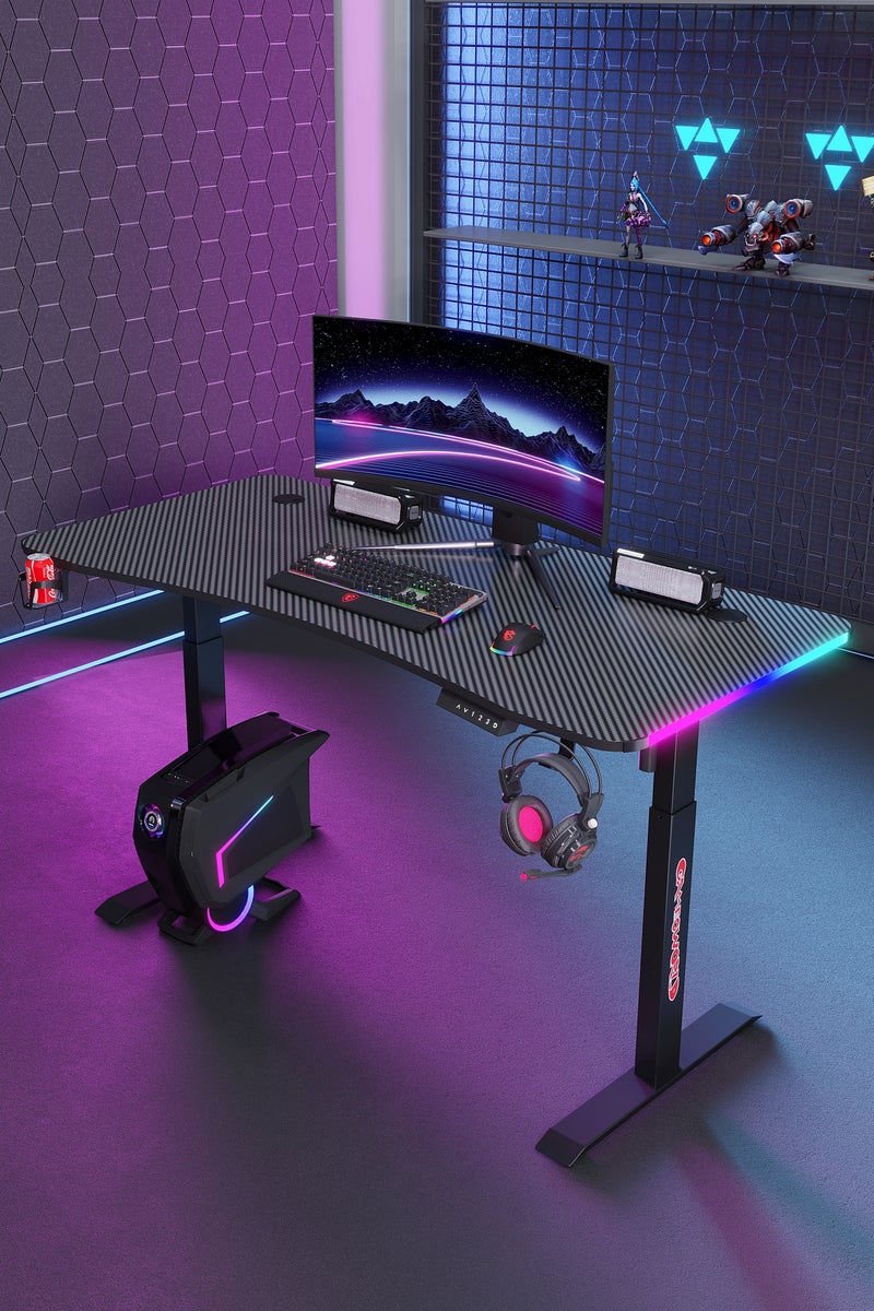 Luttec Electric lifting desk, home gaming desk, ergonomic office computer desk, suitable for learning, gaming, work, painting, black 120 * 60 * (72-117 cm) desk frame steel, desktop carbon fiber texture, panel thickness 18mm - Image 1