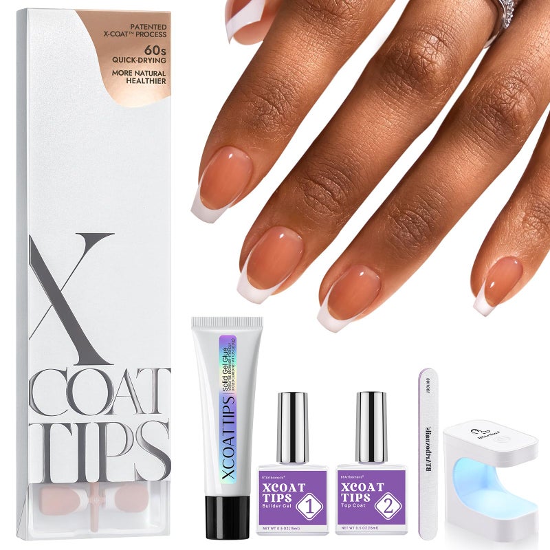 مجموعة أظافر جل BTArtboxnails XCOATTIPS أظافر فرنسية قصيرة على شكل تابوت أظافر جل ناعمة بنية مع جل أظافر ثنائي حماية فرنسي ومصباح أظافر هدية منزلية DIY
