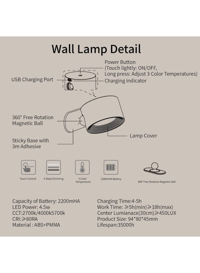 أضواء حائط LED، مصابيح حائط تعمل بالبطارية، أضواء مثبتة على الحائط بدون سلك مع 3 درجات حرارة للون و3 مستويات سطوع، كرة مغناطيسية 360°، منفذ شحن USB للقراءة والدراسة بجانب السرير - Image 4