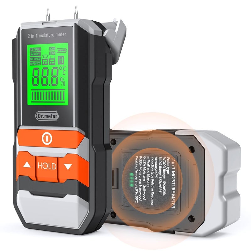 Dr.Meter Wood Moisture Meter, 2 in 1 Pin & Pinless Moisture Tester, Digital Dampness Moisture Sensor Detector for Wood Firewood Drywall Paper Floor Woodworking, Water Leak Detector - Image 1