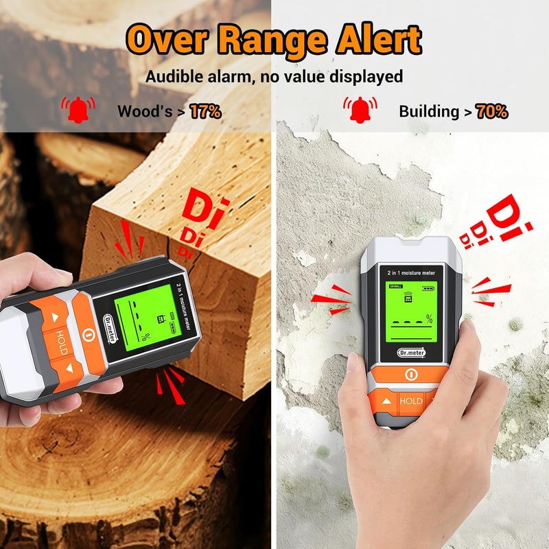 Dr.Meter Wood Moisture Meter, 2 in 1 Pin & Pinless Moisture Tester, Digital Dampness Moisture Sensor Detector for Wood Firewood Drywall Paper Floor Woodworking, Water Leak Detector - Image 4