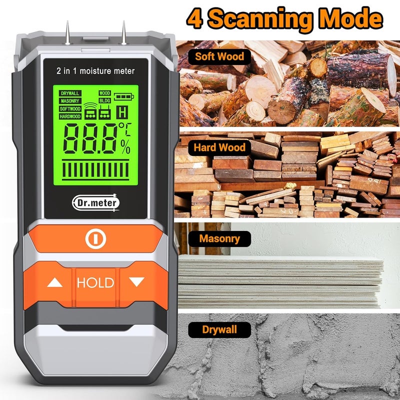 Dr.Meter Wood Moisture Meter, 2 in 1 Pin & Pinless Moisture Tester, Digital Dampness Moisture Sensor Detector for Wood Firewood Drywall Paper Floor Woodworking, Water Leak Detector - Image 5