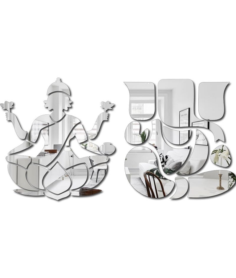 Bikri Kendra Bikri Kendra Laxmi Ganesha Silver Round Mirror Stickers for Wall Acrylic Mirror Wall Decor Sticker Wall Mirror Stickers Acrylic Stickers Lotus Wall Stickers for Hall Room Bed Room Kitchen 