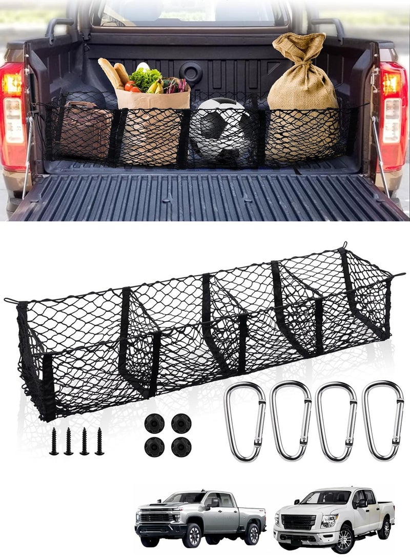 شبكة تخزين كبيرة لصندوق السيارة (Cargo Net) بـ 4 جيوب، مخصصة لسيارات البيك أب والشاحنات - المقاس: 150 × 30 سم - شبكة مرنة متينة عالية التحمل مزودة بمشابك تثبيت (Carabiners) - شبكة تخزين خلفية للمركبات. - Image 1