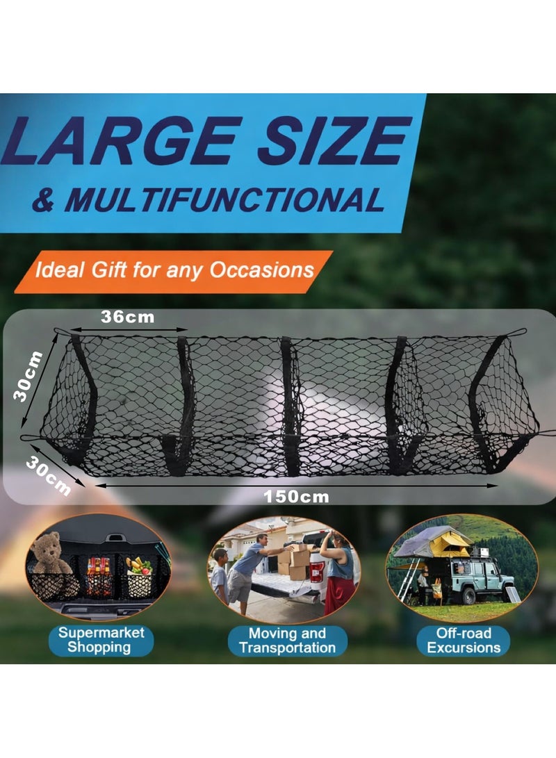 شبكة تخزين كبيرة لصندوق السيارة (Cargo Net) بـ 4 جيوب، مخصصة لسيارات البيك أب والشاحنات - المقاس: 150 × 30 سم - شبكة مرنة متينة عالية التحمل مزودة بمشابك تثبيت (Carabiners) - شبكة تخزين خلفية للمركبات. - Image 2