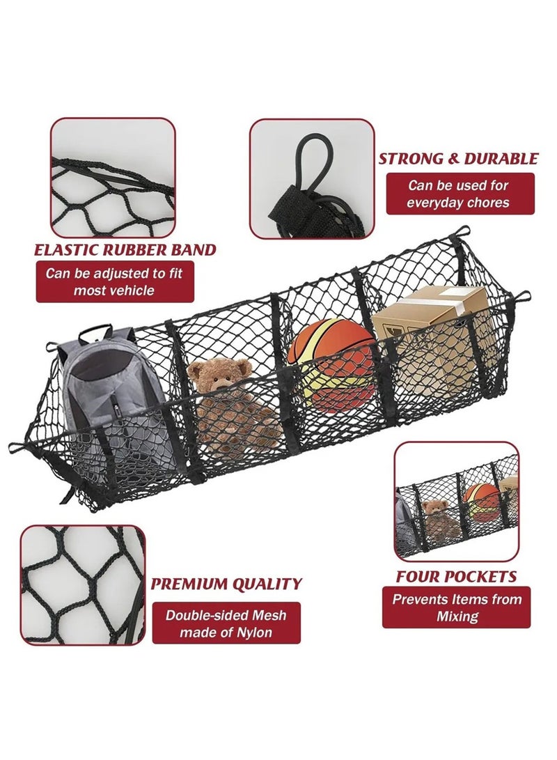 شبكة تخزين كبيرة لصندوق السيارة (Cargo Net) بـ 4 جيوب، مخصصة لسيارات البيك أب والشاحنات - المقاس: 150 × 30 سم - شبكة مرنة متينة عالية التحمل مزودة بمشابك تثبيت (Carabiners) - شبكة تخزين خلفية للمركبات. - Image 3