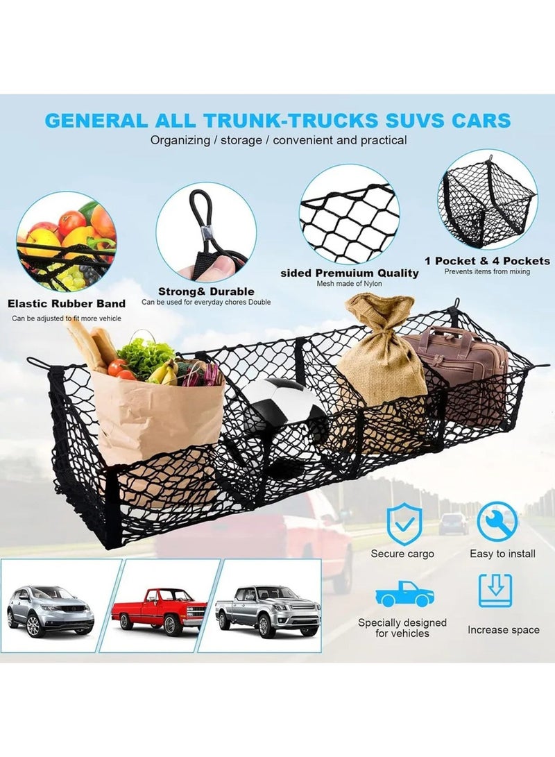 شبكة تخزين كبيرة لصندوق السيارة (Cargo Net) بـ 4 جيوب، مخصصة لسيارات البيك أب والشاحنات - المقاس: 150 × 30 سم - شبكة مرنة متينة عالية التحمل مزودة بمشابك تثبيت (Carabiners) - شبكة تخزين خلفية للمركبات. - Image 5