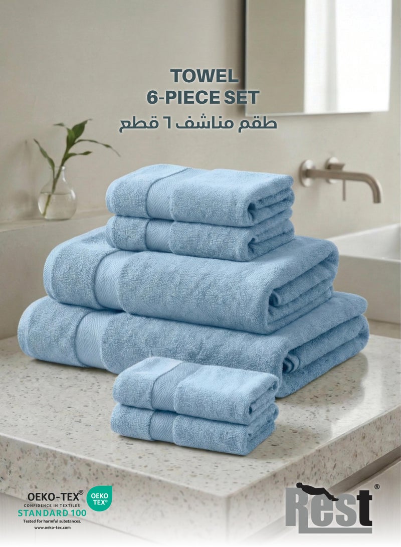 REST Luxury Towel Set Sky Blue Pack of 6 Cotton Soft Absorbent Washable Quick Dry Family Towel Set Includes , 1 Bath Sheet -100x150CM 1 Bath Towel -70X140CM 2 Hand Towel -50X100CM 2 FaceTowel-30X30CM - Image 1