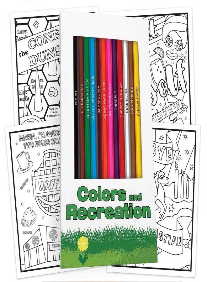 Pun Labs Colored Pencils For Adults - 12 Parks and Recreation-Inspired Pre-Sharpened Pencils with Foil-Stamped Names & 5 Fun Coloring Pages, Ideal Coloring Set for TV Show Fans, Stylish Display Box - Image 1
