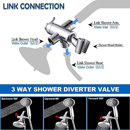 YDmeet Shower Arm Diverter with Handshower Mount, G1/2 Brass Shower Diverter Valve Bathroom Universal Shower System Replacement for Handheld Shower and Fixed Shower Head(Polished Chrome) - Image 4