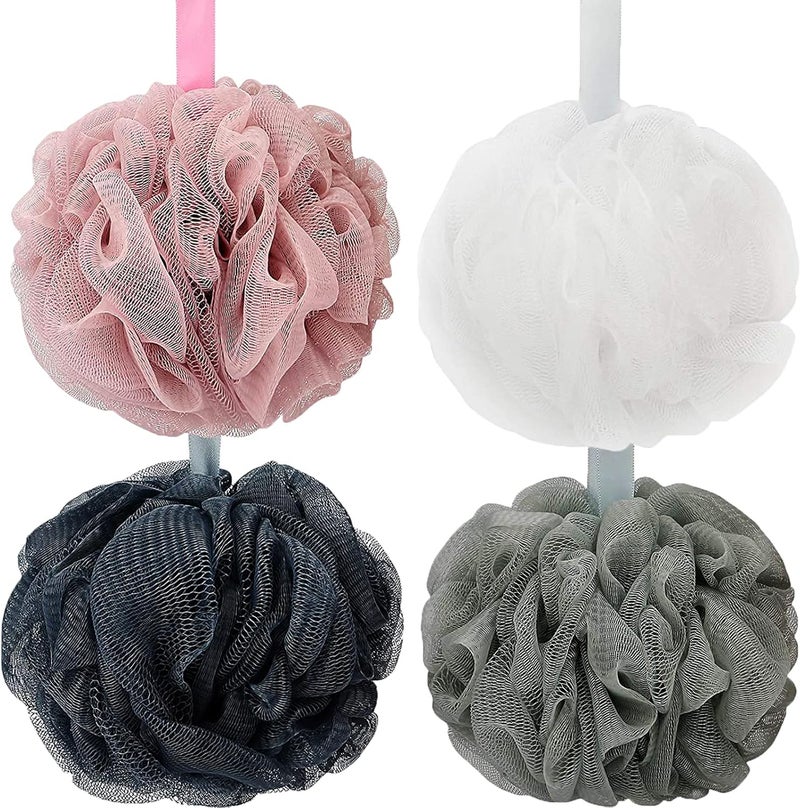 DadyMart Bath Shower Loofah Sponge 60g Bath Mesh Pouf Shower Ball Body Scrubber Exfoliating Bath Sponge for Women and Men, Set of 4, Drak Grey-Pink-Grey-White - Image 1