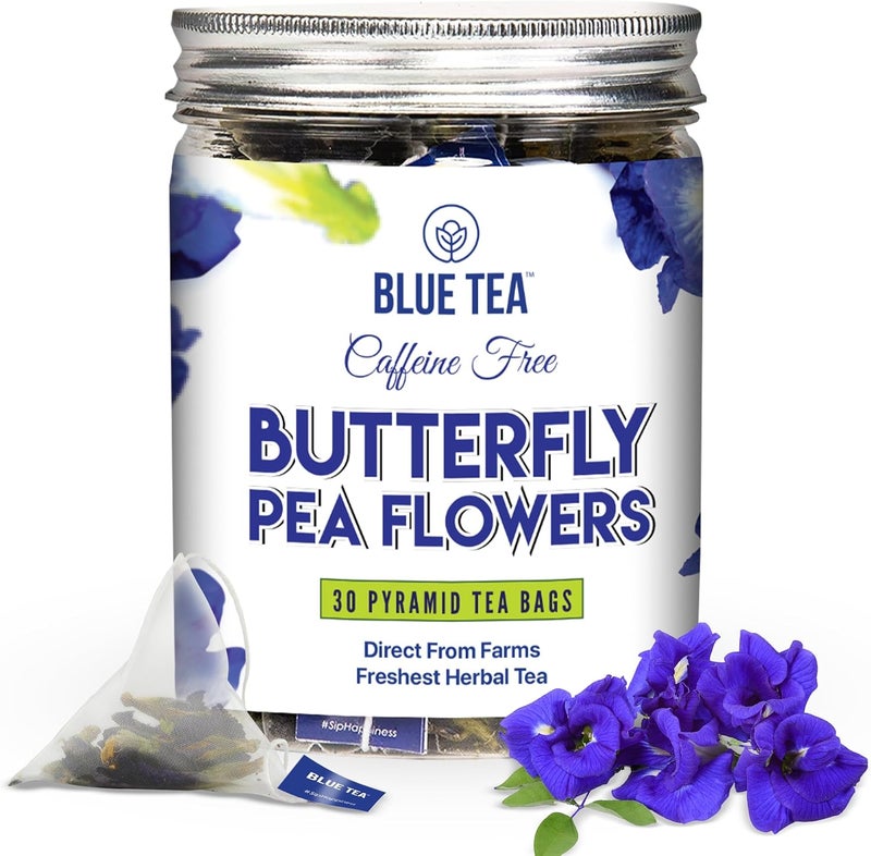 BLUE TEA Butterfly Pea Flower Tea - 30 Count Caffeine Free Herbal Tea Bags in Reusable Pet Jar - Image 1
