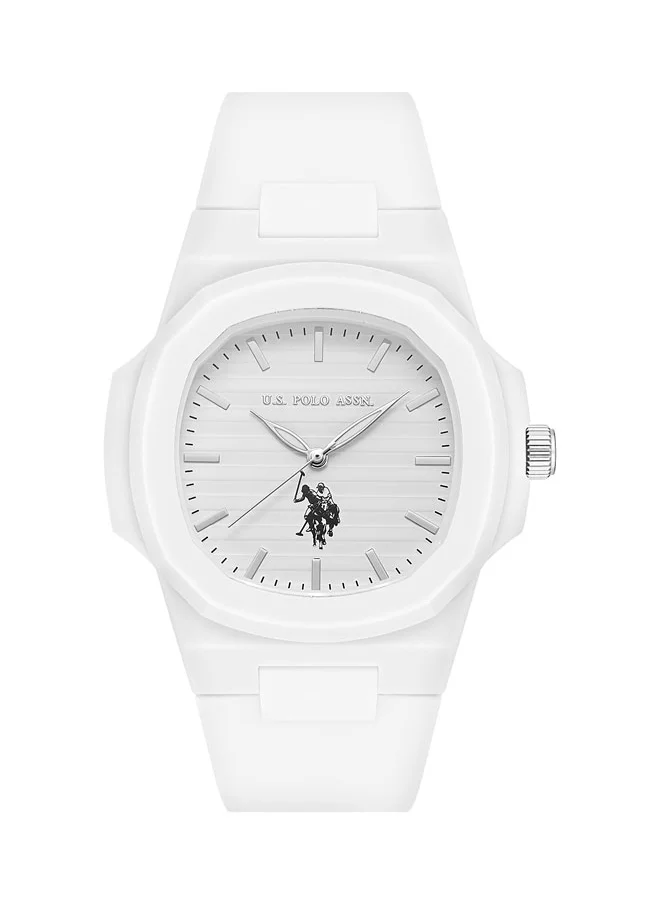 U.S. Polo Assn. U.S. Polo Assn. Men's USPA1050-01 48.3mm Sporty White Watch with Monochromatic Design, Comfortable Silicone Strap & Iconic Logo - Perfect for Active Lifestyles