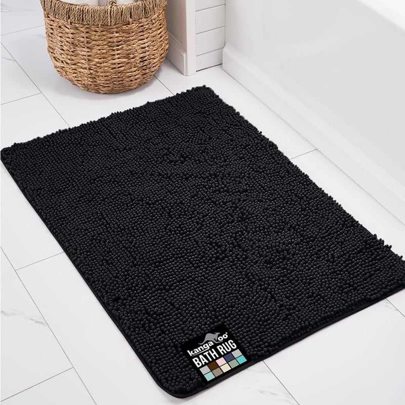 KANGAROO Bathroom Rugs, Chenille Soft Absorbent Bath Rug, Shaggy Shower Mat, Quick Dry Machine Wash Bathmat, Plush Carpet Mats for Tub, Bathtub and Room Home Decor Accessories, 36x24, Black - Image 1