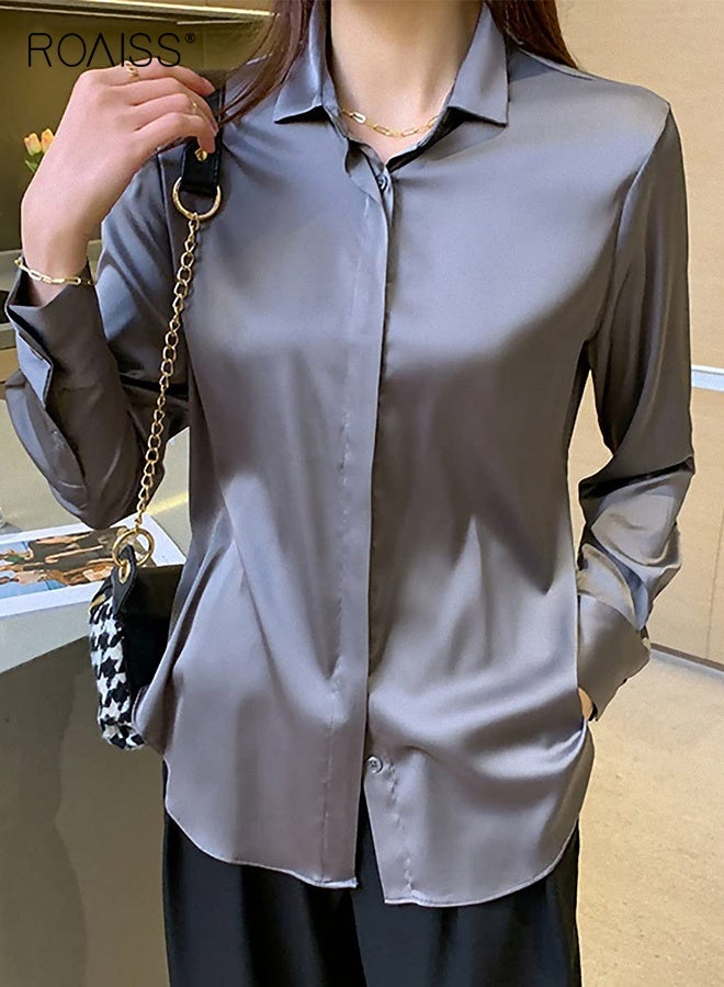 رويس بلوزة ساتان نسائية أنيقة بأكمام طويلة من الحرير والساتان، بلوزة للعمل والمكتب، قميص كاجوال ربيعي متعدد الاستخدامات، بلوزة عتيقة منسدلة للنساء، رمادية داكنة وزرقاء - Image 4