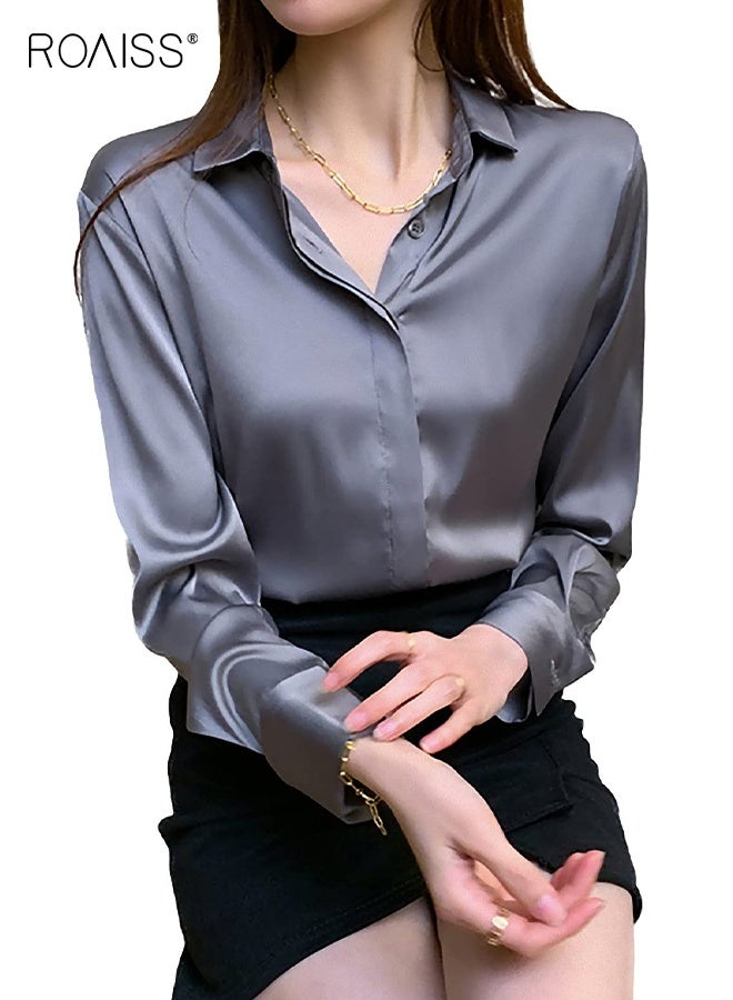 رويس بلوزة ساتان نسائية أنيقة بأكمام طويلة من الحرير والساتان، بلوزة للعمل والمكتب، قميص كاجوال ربيعي متعدد الاستخدامات، بلوزة عتيقة منسدلة للنساء، رمادية داكنة وزرقاء - Image 1