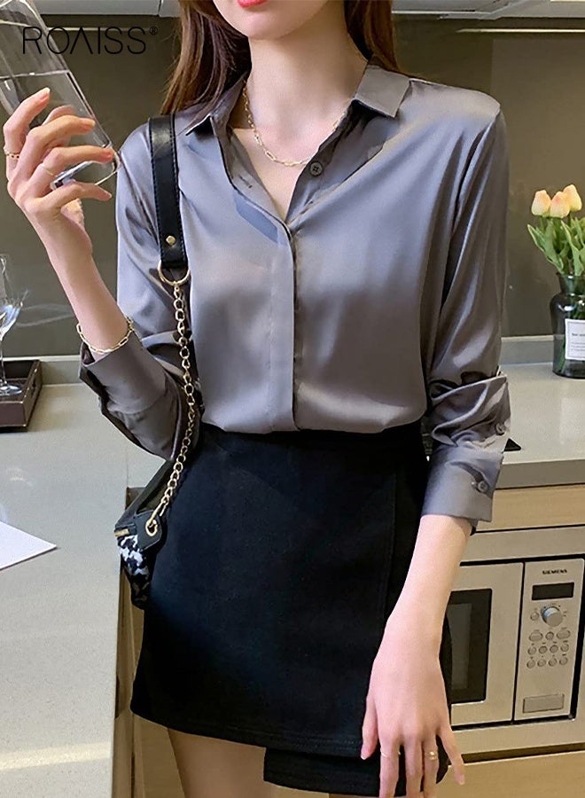 رويس بلوزة ساتان نسائية أنيقة بأكمام طويلة من الحرير والساتان، بلوزة للعمل والمكتب، قميص كاجوال ربيعي متعدد الاستخدامات، بلوزة عتيقة منسدلة للنساء، رمادية داكنة وزرقاء - Image 2