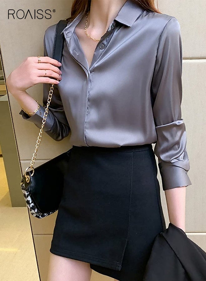 رويس بلوزة ساتان نسائية أنيقة بأكمام طويلة من الحرير والساتان، بلوزة للعمل والمكتب، قميص كاجوال ربيعي متعدد الاستخدامات، بلوزة عتيقة منسدلة للنساء، رمادية داكنة وزرقاء - Image 3