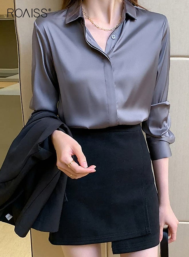 رويس بلوزة ساتان نسائية أنيقة بأكمام طويلة من الحرير والساتان، بلوزة للعمل والمكتب، قميص كاجوال ربيعي متعدد الاستخدامات، بلوزة عتيقة منسدلة للنساء، رمادية داكنة وزرقاء - Image 5