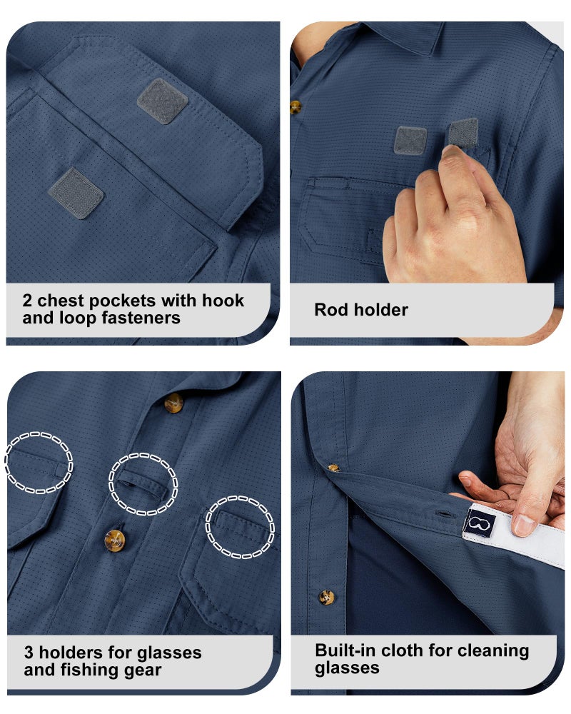 Outdoor Ventures Men's Lightweight Short Sleeve Fishing Shirt UPF 50 Button Down Quick Dry Cooling Hiking Travel Safari Shirt Navy - Image 3