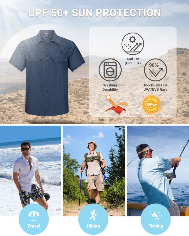 Outdoor Ventures Men's Lightweight Short Sleeve Fishing Shirt UPF 50 Button Down Quick Dry Cooling Hiking Travel Safari Shirt Navy - Image 5
