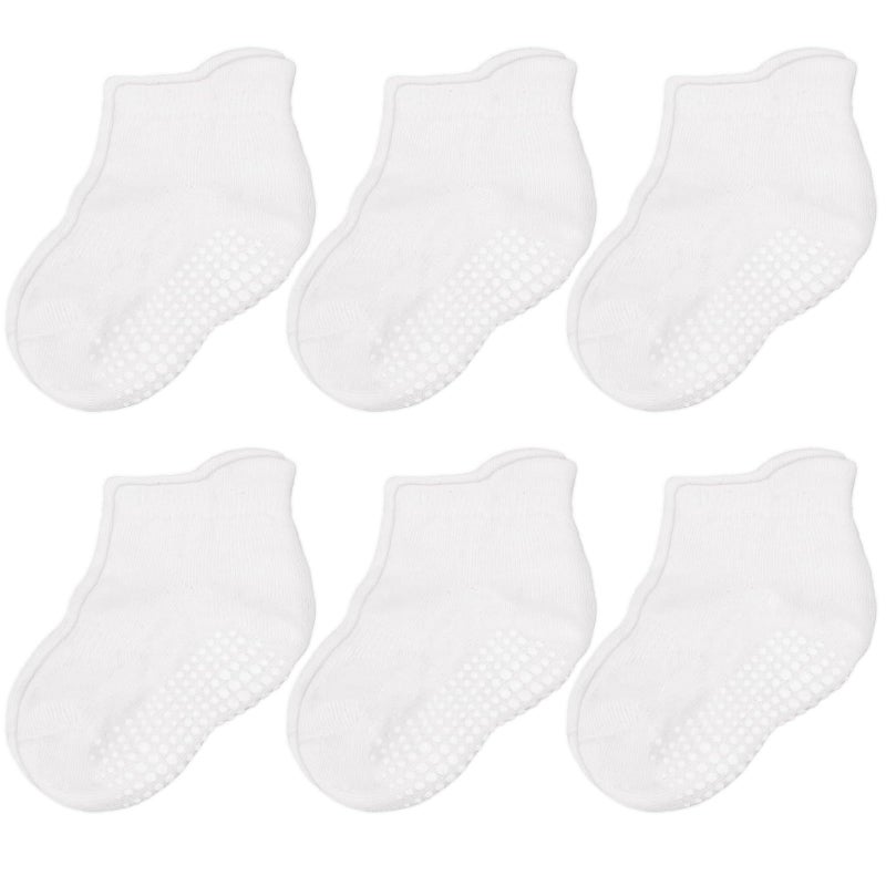 CozyWay Toddler Socks - Non-Slip Gripper Traction for Boys & Girls - Cotton Ankle Sock - 1T-3T, White, 6-Pack - Image 1