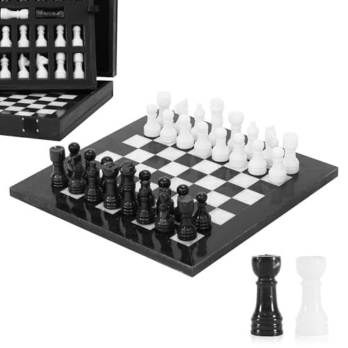 MARBLE RANGE Marble Chess Set for Adults 10 Handmade Black White Board Game with 32 Chess Pieces 2 Extra Queens Storage Box Luxury Travel Game Elegant for Home Decor - Image 1