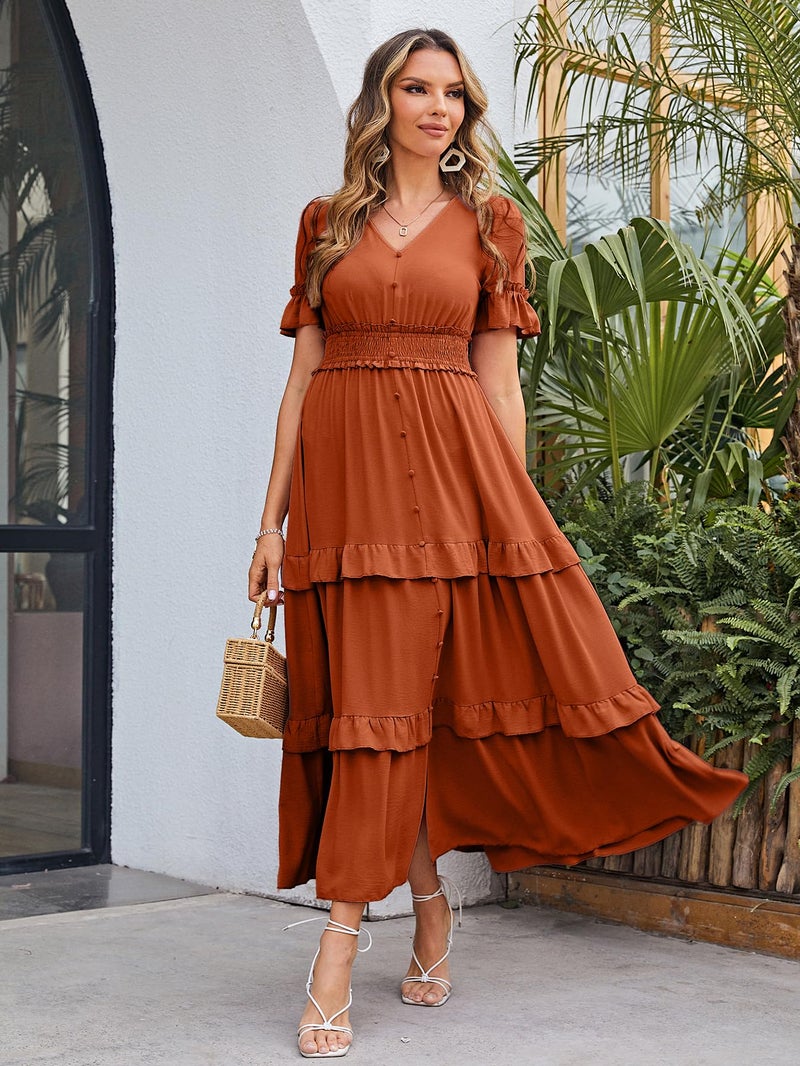 Amegoya Women's Summer Boho Tiered Maxi Dress V Neck Smocked Hight Waist Long Flowy Dress (Burnt Orange XL) - Image 3