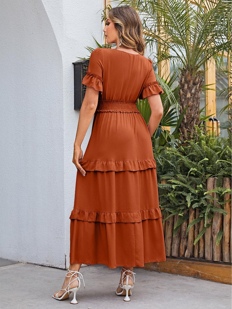 Amegoya Women's Summer Boho Tiered Maxi Dress V Neck Smocked Hight Waist Long Flowy Dress (Burnt Orange XL) - Image 4