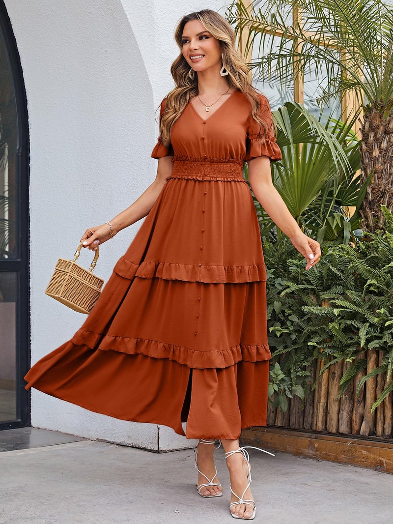 Amegoya Women's Summer Boho Tiered Maxi Dress V Neck Smocked Hight Waist Long Flowy Dress (Burnt Orange XL) - Image 2