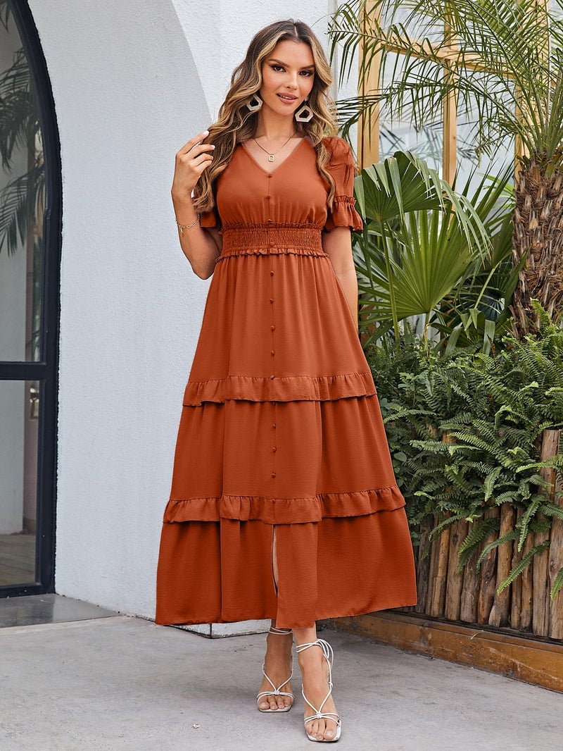 Amegoya Women's Summer Boho Tiered Maxi Dress V Neck Smocked Hight Waist Long Flowy Dress (Burnt Orange XL) - Image 5
