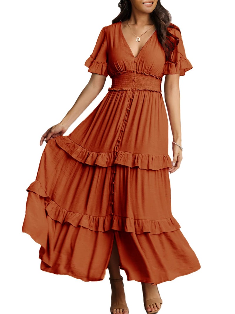 Amegoya Women's Summer Boho Tiered Maxi Dress V Neck Smocked Hight Waist Long Flowy Dress (Burnt Orange XL) - Image 1