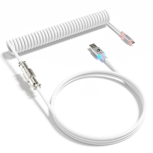 MAMBASNAKE C01 Ultra RGB Coiled Keyboard Cable,Pro Custom USB-C Aviator Cable for Gaming Keyboards,Stable Dual-Sleeved Design,2m Type-C to USB-A Hyper-Speed,Detachable Metal Aviator for PC Gamer,White - Image 1