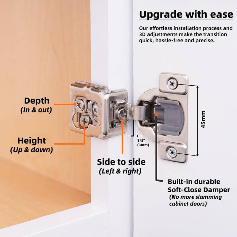 Decobasics 30 Pack Soft Close Cabinet Hinges 1-1/4"" Overlay For Kitchen Cabinet Doors Slow Self-Closing Concealed Hidden Hinges For Face Frame -Stainless Steel 3-Way Adjustable & Quiet Close Damper - Image 5