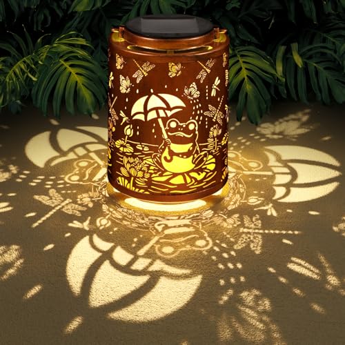 Tepaken Solar Lanterns Garden Decor Birthday Gifts for Women Mon Grandma Metal Hanging Solar Lights Waterproof Outdoor Decoration for Outside LED Lanterns for Yard Patio Lawn (Frogs) - Image 1