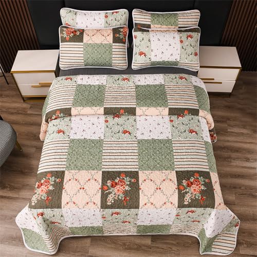 YASMENG 3 Pieces Green Plaid Floral Patchwork Bedding Quilt Set Queen Size Olive Green Peach White Patchwork Quilted Bedspread Set with Red Rose Flower Soft Lightweight Bed Cover All Seasons Coverlet Set - Image 4